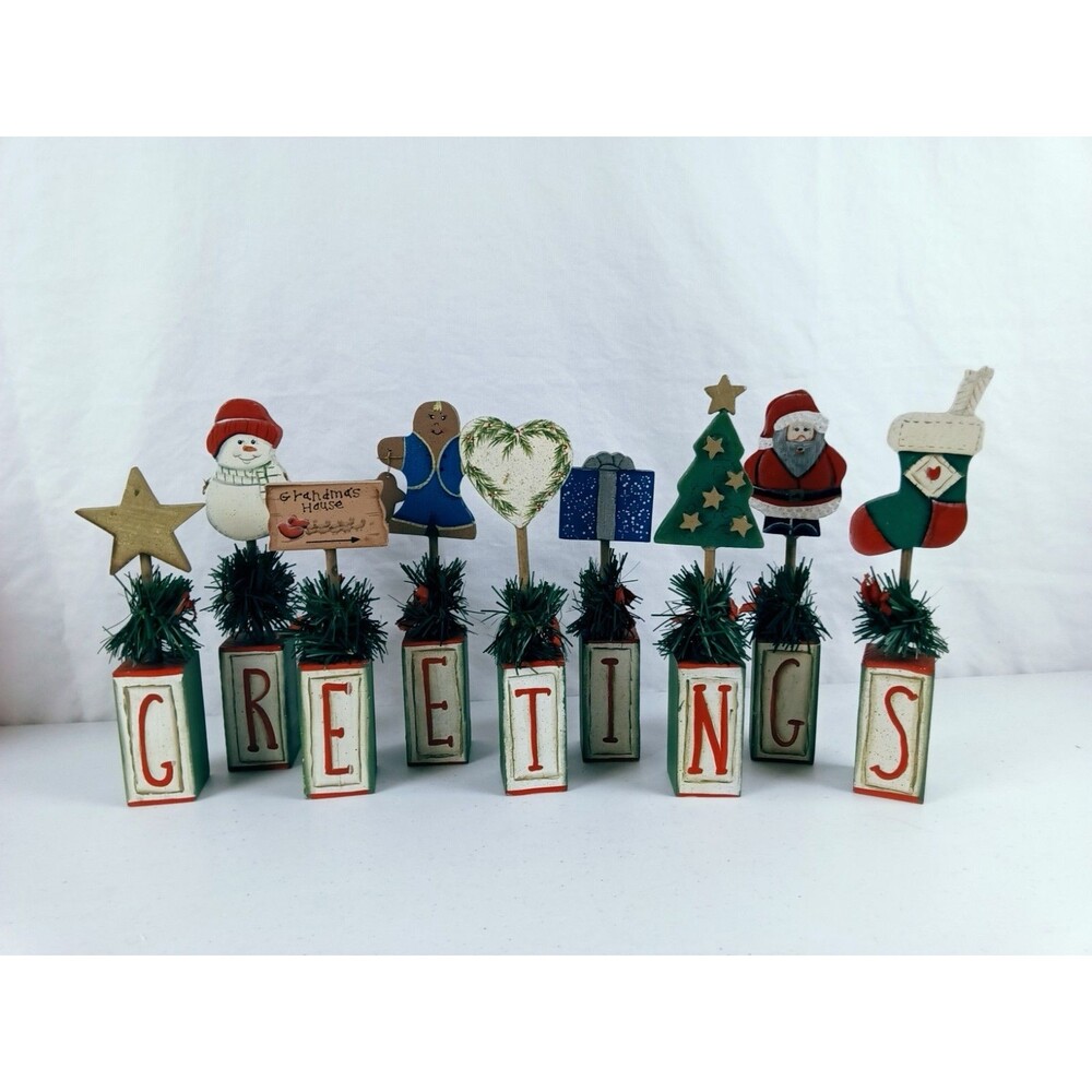 Handmade Wooden "Greetings" Christmas Tabletop Decor 9 Pc Letter Holiday Sticks